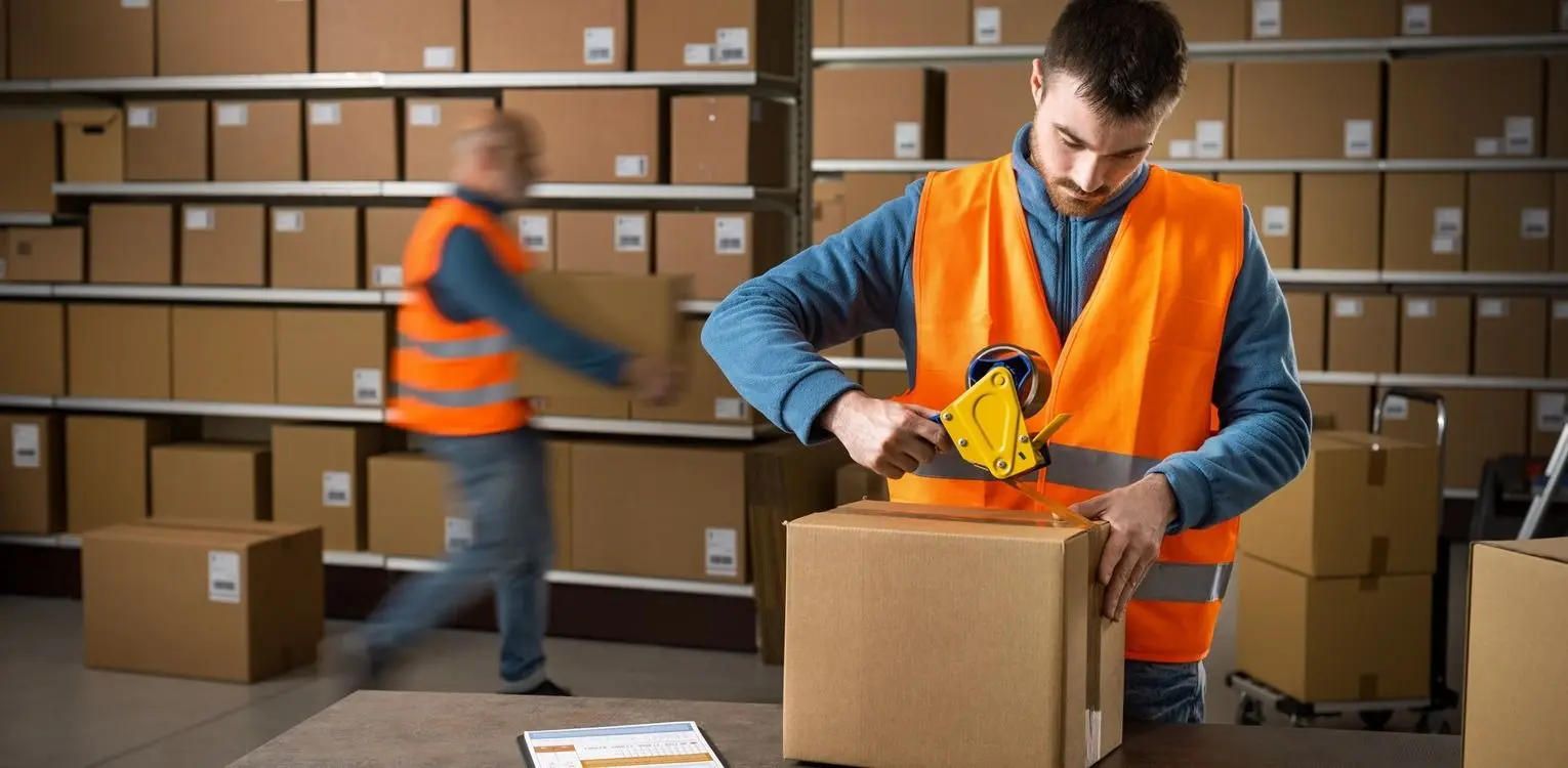 Warehouse worker preparing Amazon FBA shipment