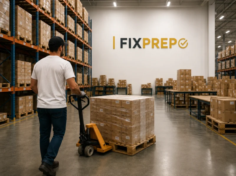 Warehouse worker preparing Amazon FBA shipment