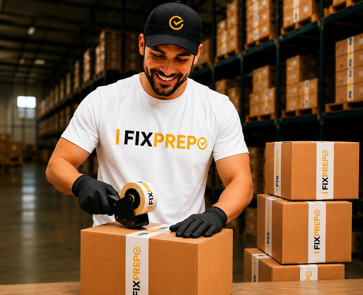 FixPrep worker sealing e-commerce fulfillment boxes